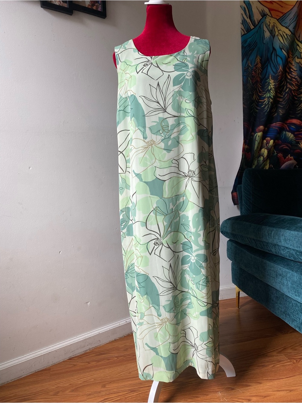 Vintage Sleeveless Mint Green Floral Maxi Dress
